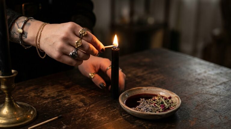Close-up of hands lighting a black candle beside a small dish of poured wine and dried herbs
