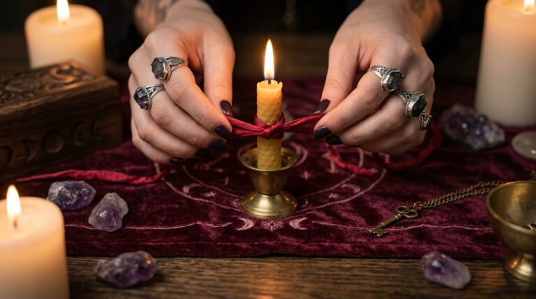 Close-up of hands tying a red cord around a small candle on a burgundy altar cloth