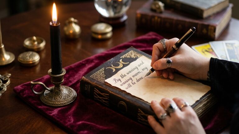 Close-up of a hand writing a ritual phrase in a leather-bound journal beside a black candle