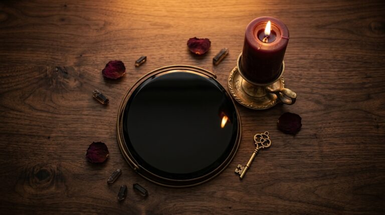 Close-up of a black mirror and a single burning candle on a wooden altar surface