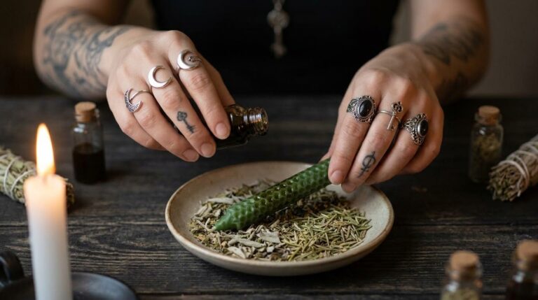 Hands anointing a green candle with oil before a prosperity ritual