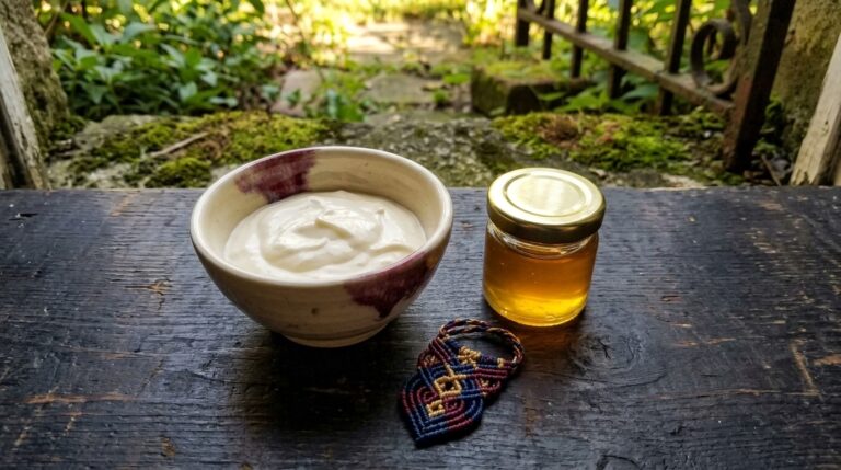 A small altar offering of cream, honey, and a handwoven token placed at the edge of a garden threshold
