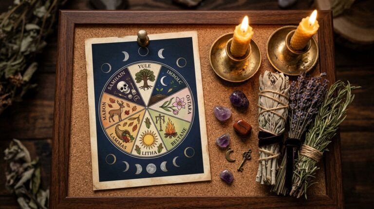 A cozy printable Wheel of the Year altar card pinned to a corkboard beside candles and dried herbs