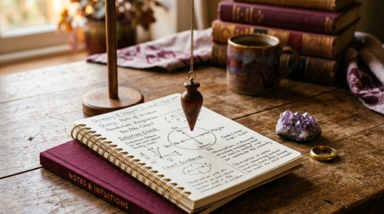 A wooden pendulum suspended above an open notebook and a small crystal