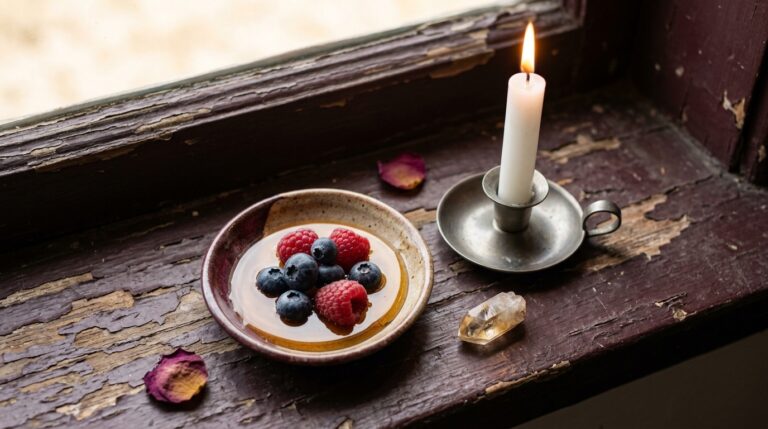 A flat-lay of a small dish of honey, fresh berries, and a white candle arranged on a wooden windowsill