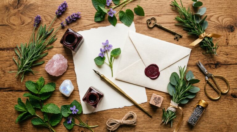 Close-up flat lay of spring herbs, rose quartz, moonstone, and fresh greenery for an Ostara ritual