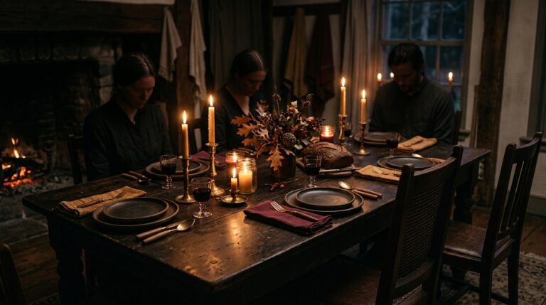 A silent Samhain dumb supper at a candlelit table, family members seated with heads bowed and empty place settings left for the ancestors
