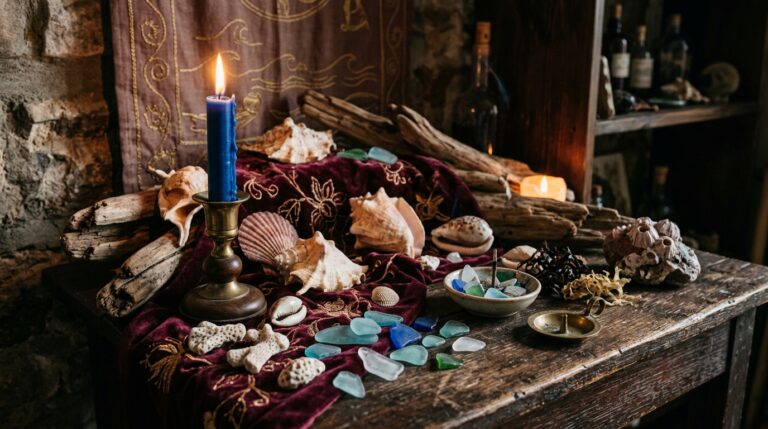 Blue and white altar items including shells, sea glass, and a candle arranged for ocean goddess devotion