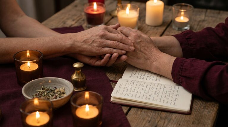 Two hands clasped together beside a candlelit journal, part of a quiet monthly reflection ritual