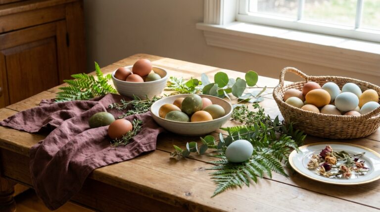 Naturally dyed Ostara eggs and fresh spring greens arranged on a kitchen table