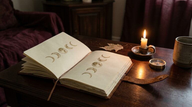 A moon phase journal open on a desk beside a small candle, used for tracking monthly moon magick practice