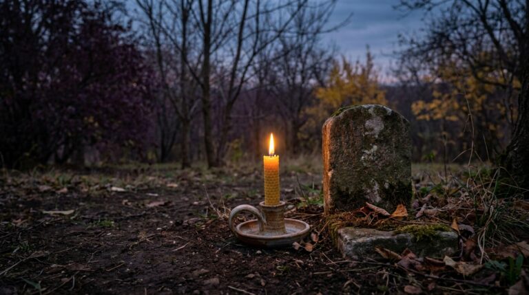 A single lit candle placed beside a small historical plaque, symbolizing remembrance of accused witches