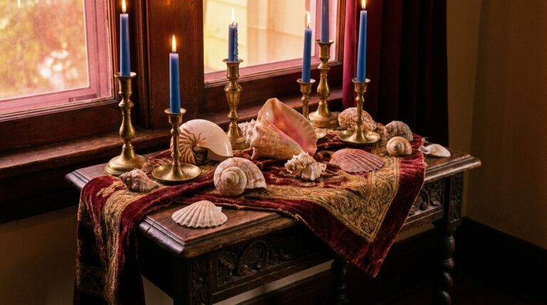 Shells and blue candles arranged on a table to represent altar work for water spirits