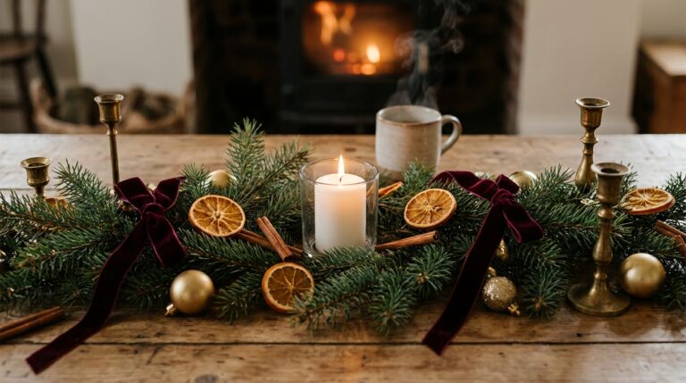 Pine branches and a white candle arranged for a winter solstice ritual