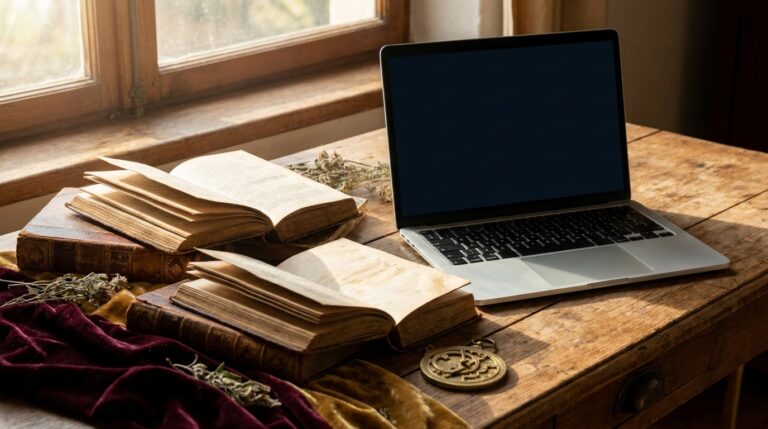 Open books and a laptop side by side, comparing free and paid witchcraft learning resources