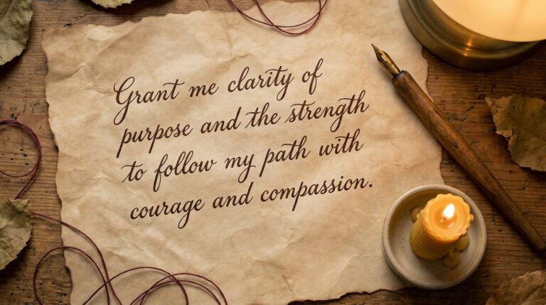 A client's intention for their custom spell, written in elegant script on parchment, asking for clarity of purpose and the courage to follow through