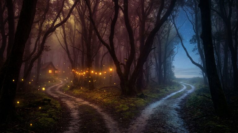Two forest paths diverging: one warmly lit leading back toward a cabin, symbolizing reconciliation, the other cool and starlit, leading toward a fresh start
