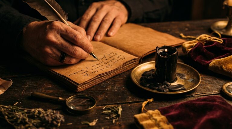 Close-up of hands writing a single committed action in a journal beside a burned-down candle after a self-determination ritual