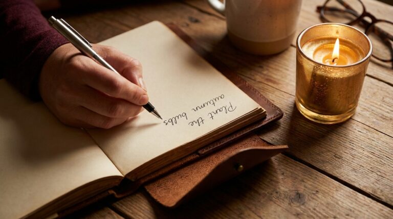 A hand writing a small next step in a journal beside a lit gold candle, marking a deliberate return to ordinary action