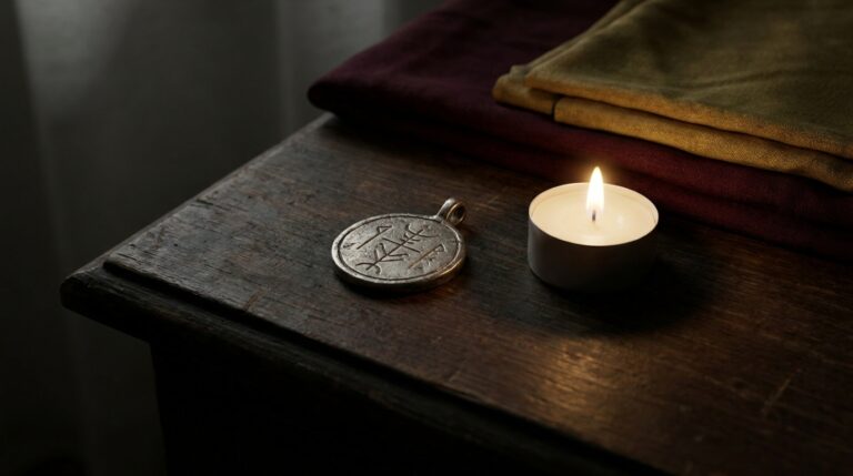 A consecrated talisman resting near an altar overnight, allowed to settle before its first ritual use