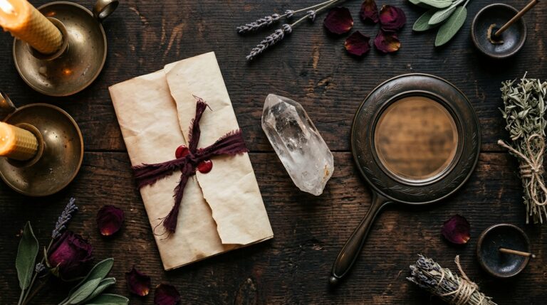 Truth spell altar flat lay with folded paper, clear quartz crystal, and a small mirror on a wooden surface