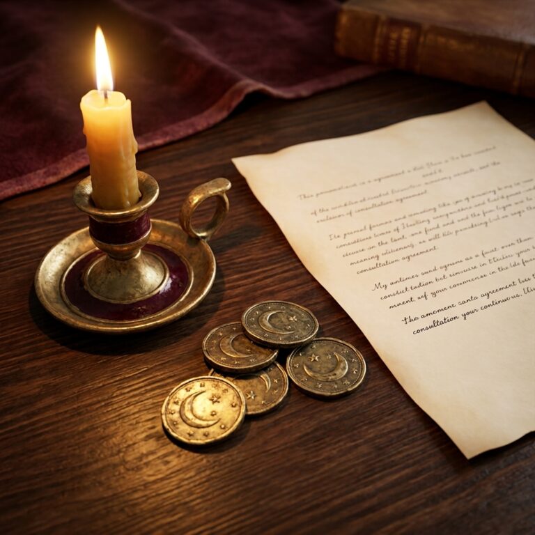 A candle and coins arranged beside a written agreement, representing a transparent prosperity ritual consultation