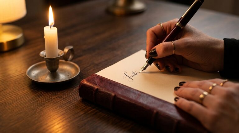 A hand writing the word 'future' in elegant script in a leather journal beside a lit candle, marking a deliberate next step