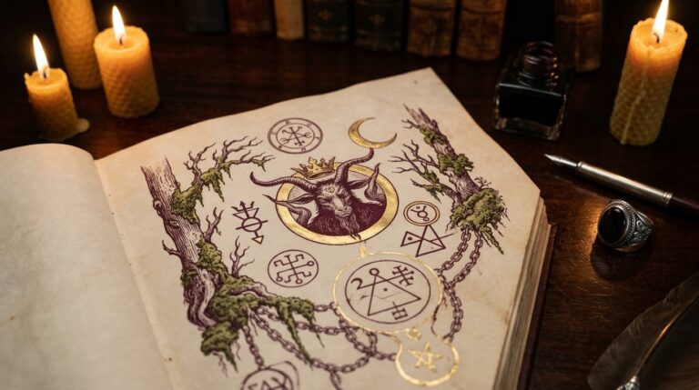 A grimoire open to an illustrated page showing a crowned, horned sigil surrounded by chains and occult symbols, candlelit for study