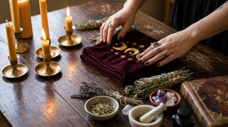 Ritual materials including candles, herbs, and a cloth being laid out and organized before a working