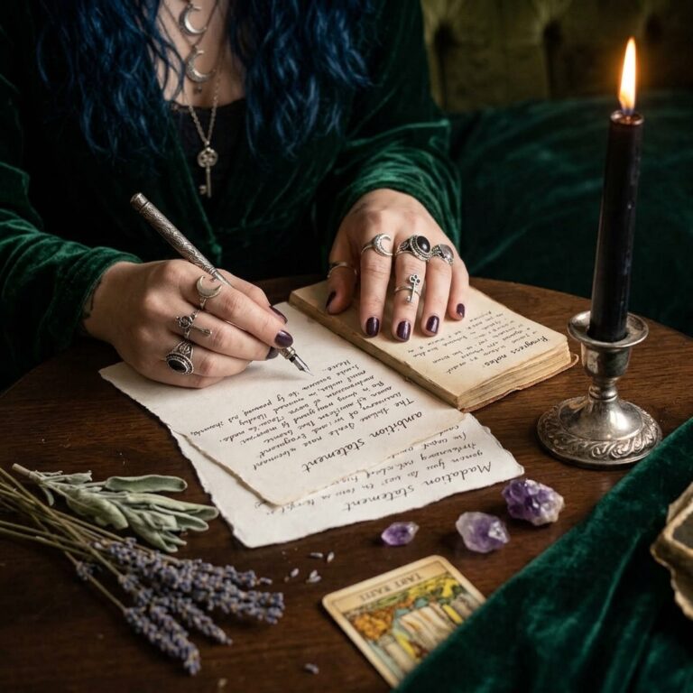A practitioner reviewing a written ambition statement and progress notes beside a lit black candle