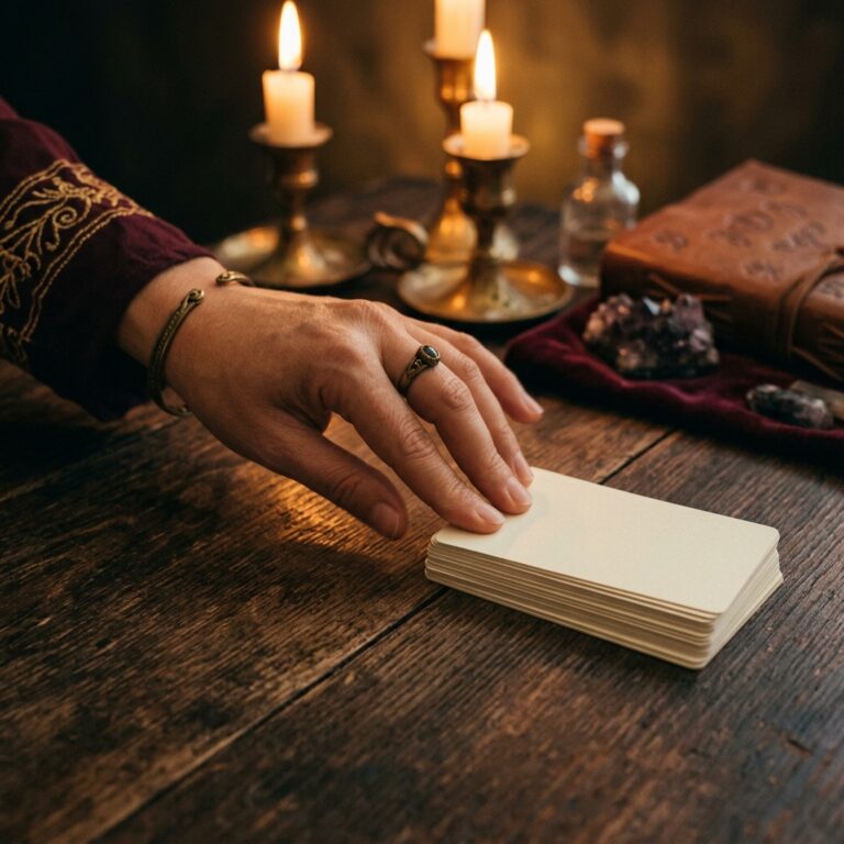 Hand in a burgundy sleeve resting on a stack of plain blank cards on a candlelit wooden table, pausing before any payment changes hands