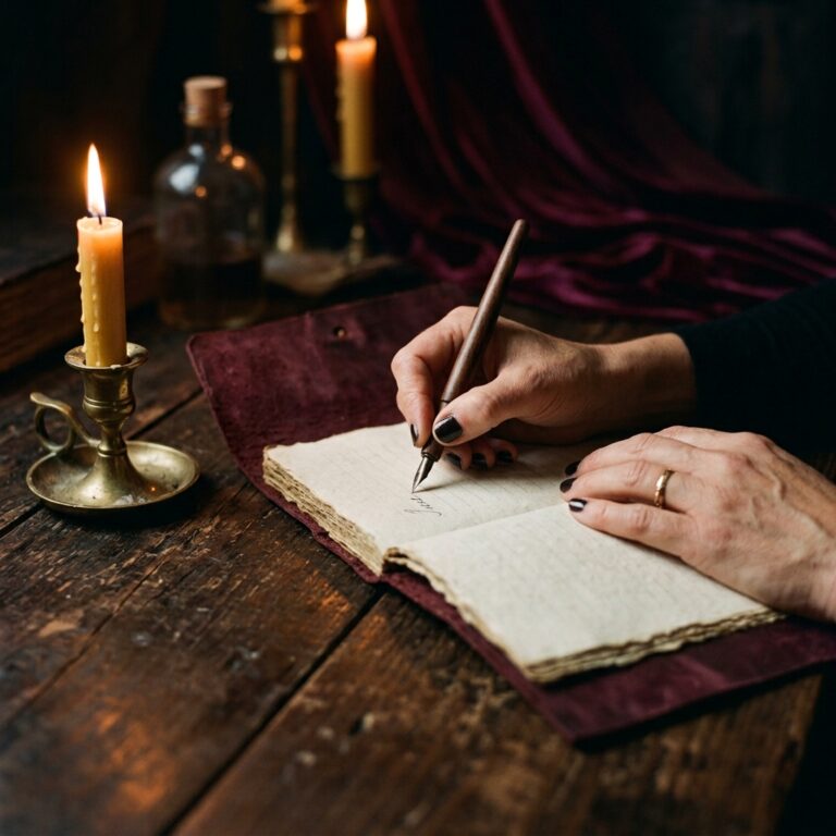 Hands writing in a handmade notebook with a dip pen by candlelight, preparing goals and questions before a first consultation
