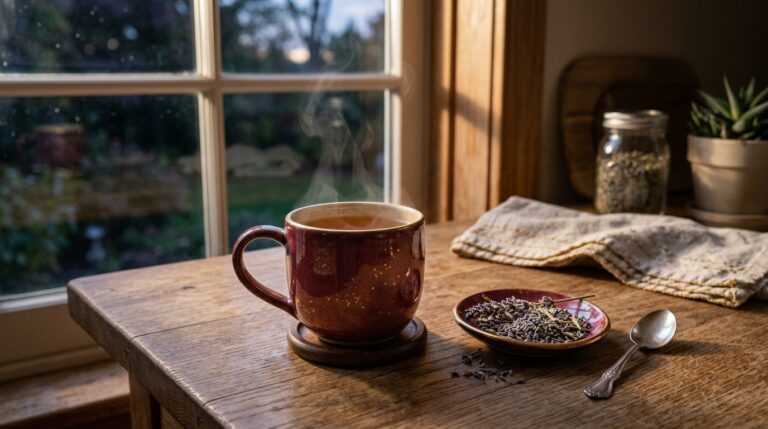 A cup of herbal tea steaming on a kitchen counter beside a small dish of dried lavender, evening light through a window