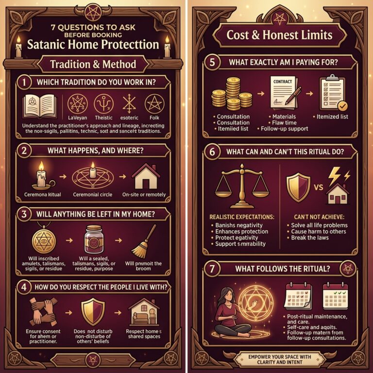 Two-panel infographic of seven questions to ask before booking satanic home protection, with four questions under Tradition and Method and three under Cost and Honest Limits