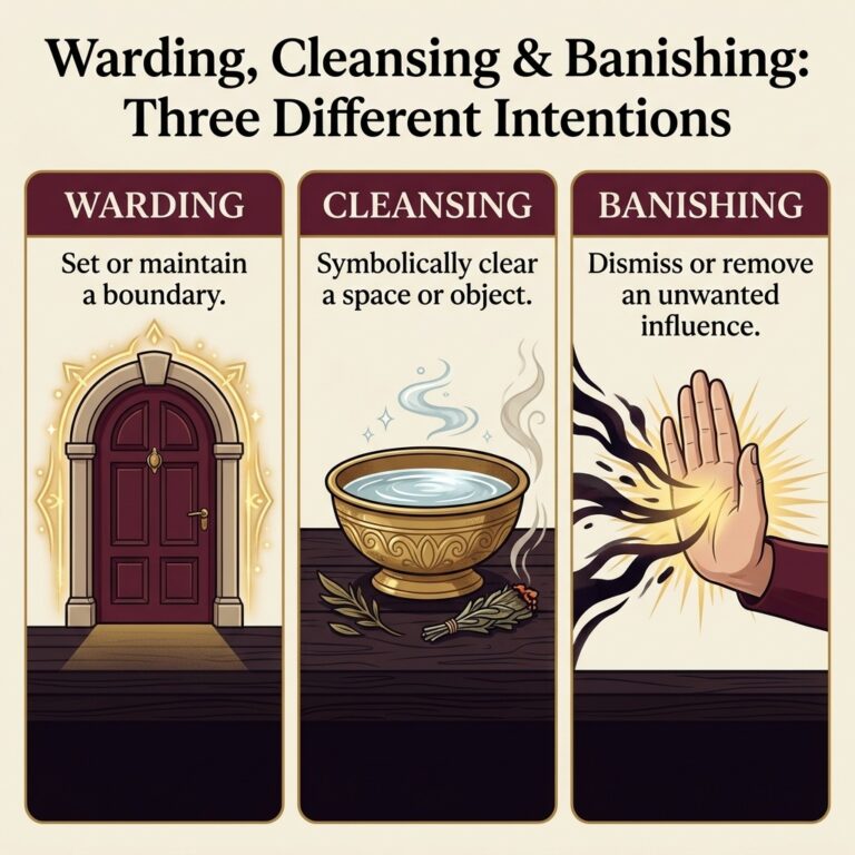 Three-panel infographic: warding sets or maintains a boundary with a doorway symbol; cleansing symbolically clears a space or object with a bowl; banishing dismisses or removes an unwanted influence with an open hand