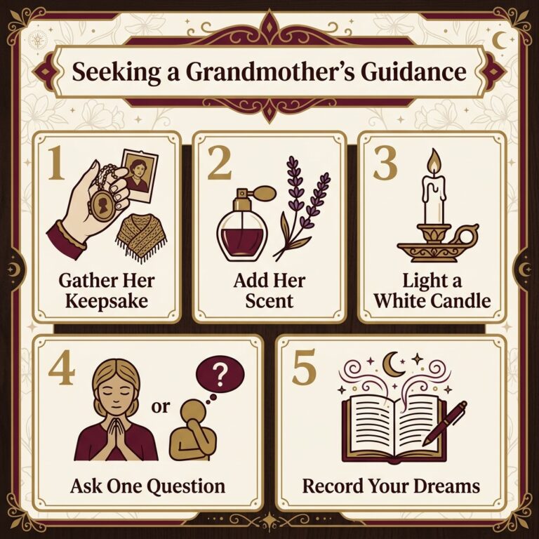 Five-step infographic titled Seeking a Grandmother's Guidance: gather her keepsake, add her scent, light a white candle, ask one question, and record your dreams