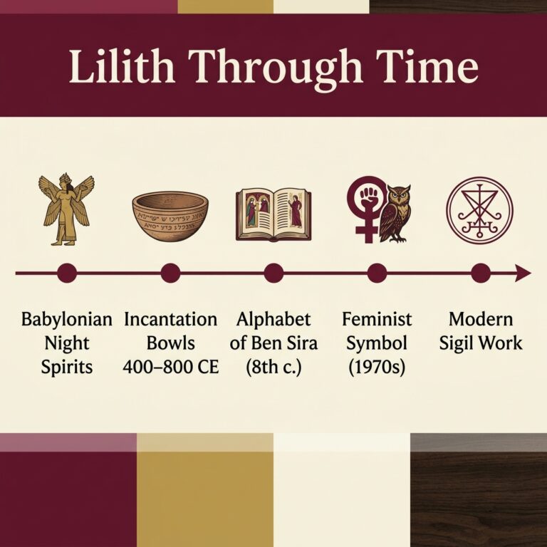Timeline infographic titled Lilith Through Time, running from Babylonian night spirits and incantation bowls from 400 to 800 CE to the eighth-century Alphabet of Ben Sira, the 1970s feminist symbol and modern Lilith sigil work
