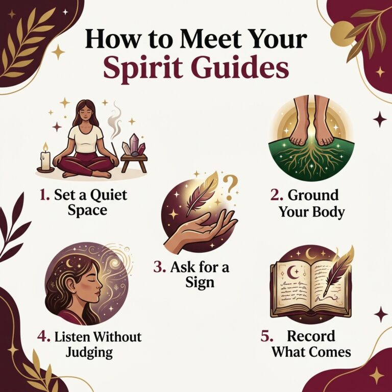 Five-step infographic titled How to Meet Your Spirit Guides: set a quiet space, ground your body, ask for a sign, listen without judging, and record what comes