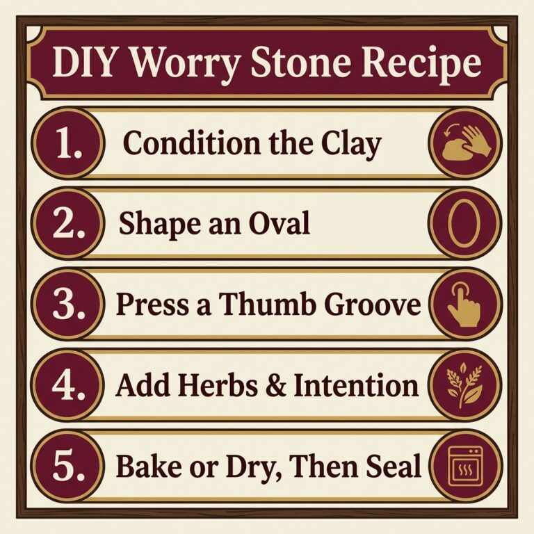 Five-step infographic titled DIY Worry Stone Recipe: condition the clay, shape an oval, press a thumb groove, add herbs and intention, then bake or dry and seal