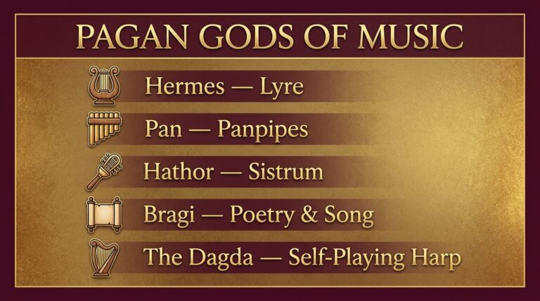 Infographic titled Pagan Gods of Music pairing each god with an instrument: Hermes with the lyre, Pan with panpipes, Hathor with the sistrum, Bragi with poetry and song, and the Dagda with a self-playing harp