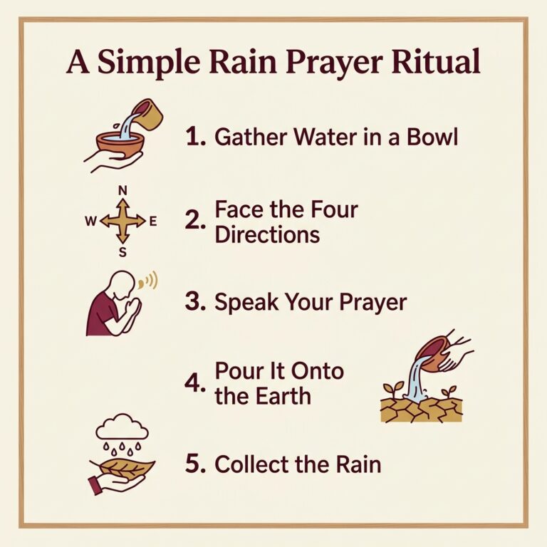 Five-step infographic titled A Simple Rain Prayer Ritual: gather water in a bowl, face the four directions, speak your prayer, pour it onto the earth, and collect the rain