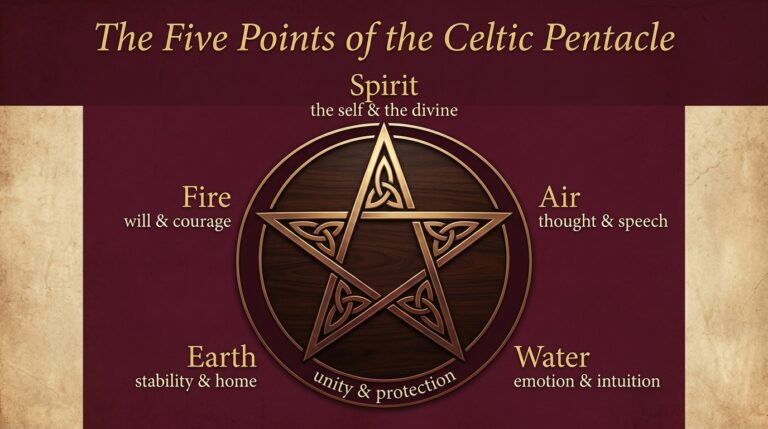 Infographic titled The Five Points of the Celtic Pentacle, with Spirit at the top point, Fire and Air on the upper left and right, Earth and Water on the lower left and right, each with a short meaning, and the circle labelled unity and protection