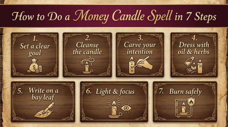 Seven-step infographic titled How to Do a Money Candle Spell in 7 Steps: set a clear goal, cleanse the candle, carve your intention, dress with oil and herbs, write on a bay leaf, light and focus, burn safely