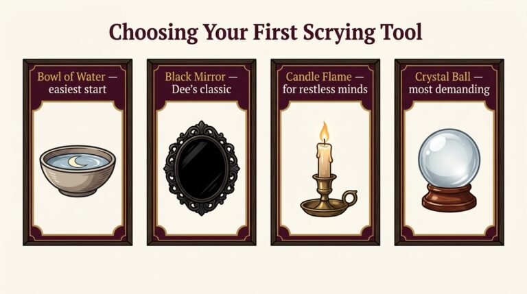 Infographic titled Choosing Your First Scrying Tool, with four panels from easiest to hardest: bowl of water (easiest start), black mirror (Dee's classic), candle flame (for restless minds) and crystal ball (most demanding)