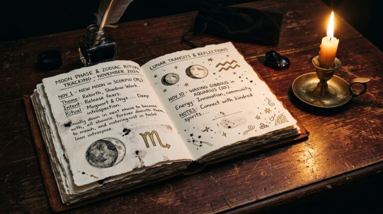 An open astrology journal beside a lit candle, used for tracking the moon's zodiac sign