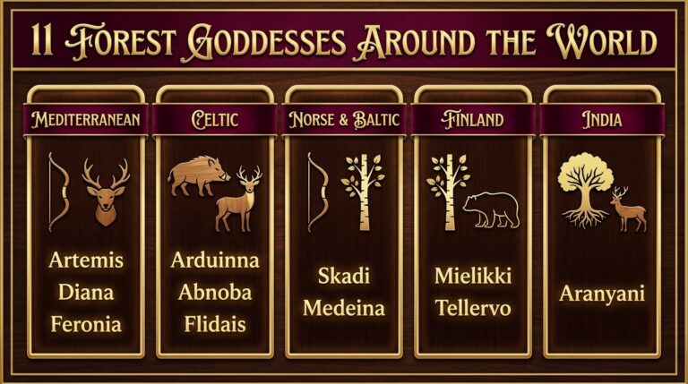 Infographic titled 11 Forest Goddesses Around the World, with five regional panels: Mediterranean (Artemis, Diana, Feronia), Celtic (Arduinna, Abnoba, Flidais), Norse and Baltic (Skadi, Medeina), Finland (Mielikki, Tellervo) and India (Aranyani), each with animal or tree icons
