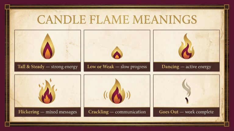 Chart titled Candle Flame Meanings with six flame icons: tall and steady for strong energy, low or weak for slow progress, dancing for active energy, flickering for mixed messages, crackling for communication, and goes out for work complete