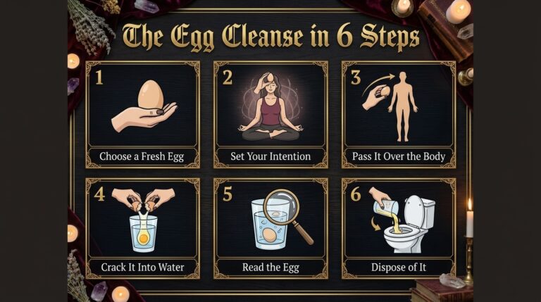 Infographic titled The Egg Cleanse in 6 Steps, showing an egg magic ritual: choose a fresh egg, set your intention, pass it over the body, crack it into water, read the egg, and dispose of it