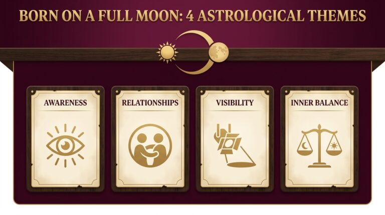 Infographic titled Born on a Full Moon: 4 Astrological Themes, with a sun and full moon at the top and four panels: awareness, relationships, visibility and inner balance