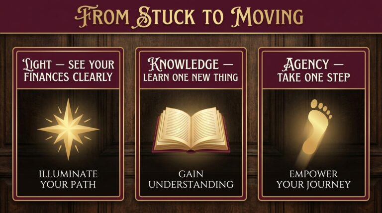 Three-step infographic titled From Stuck to Moving for feeling stuck financially: light, to see your finances clearly; knowledge, to learn one new thing; and agency, to take one step